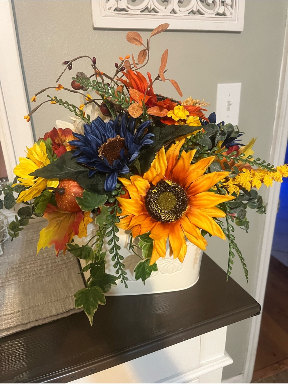 Autumn Sunflower & Blue Floral Arrangement - Home Accents